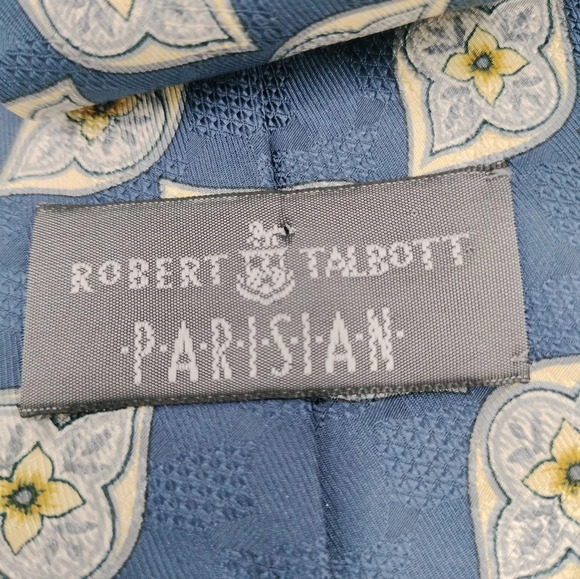 Robert Talbott Men's Tie Silk Floral Geometric Pattern Hand Sewn Blue Off White - Picture 4 of 8